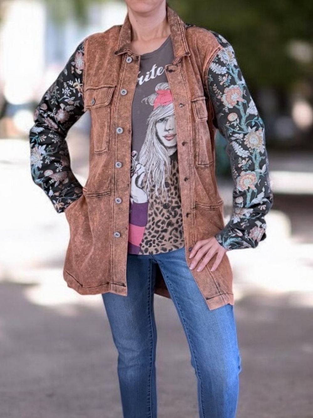 ARRATA SILENT JOURNEY Brown Washed Jacket with Jacquard Floral Sleeves ~ NWOT